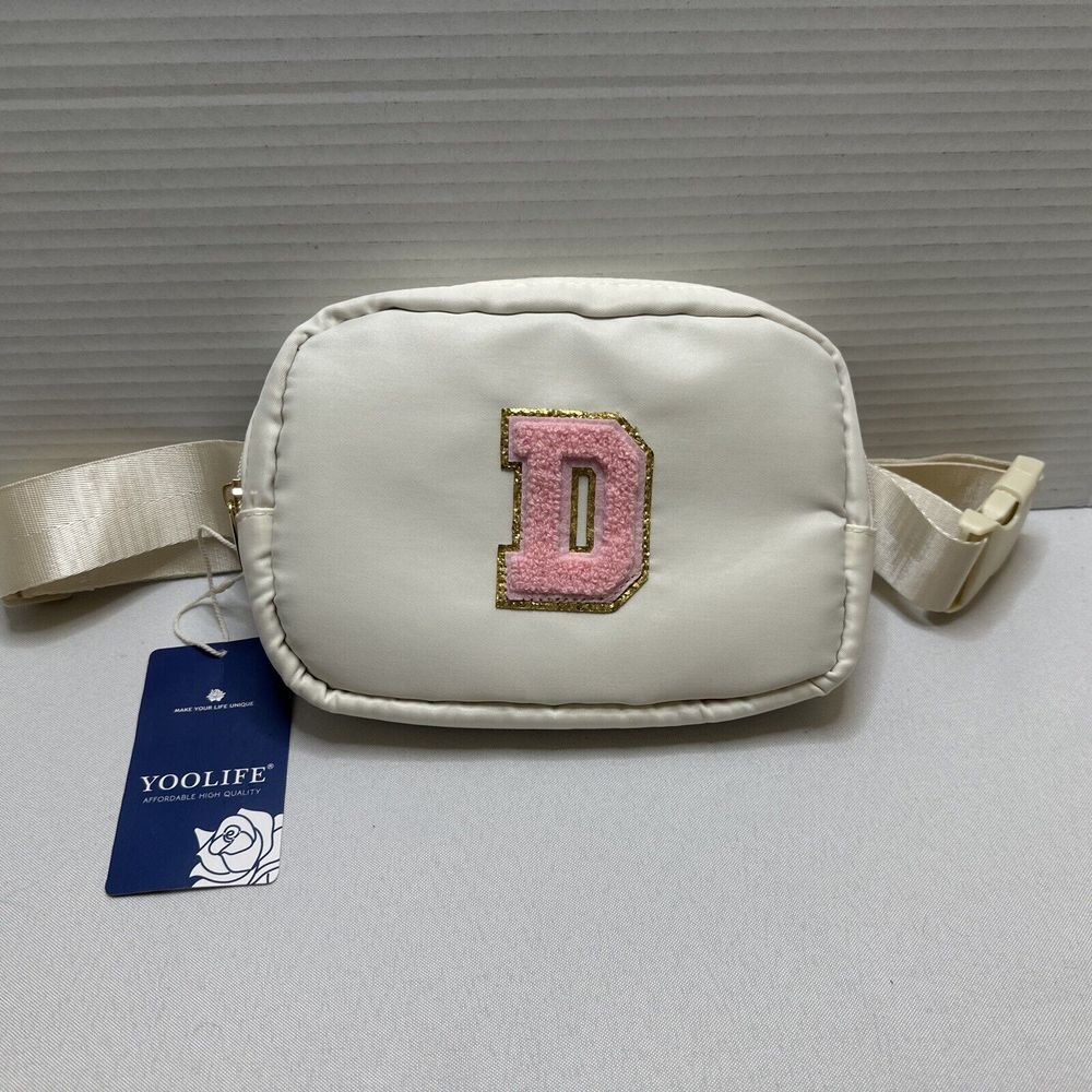 YOOLIFE Crossbody Bag - Initial‎ Belt Bag /Cream W/ Pink Letter D